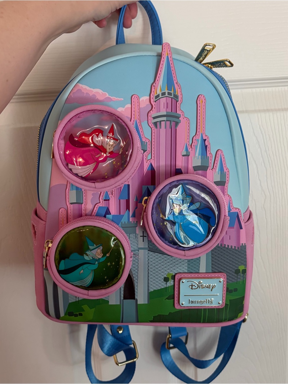 Loungefly Blue and Pink Fairy Tale Castle Mini Backpack with Character Bubbles